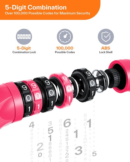 Sportneer Bike Lock: 5 Digit Combination High Security Anti Theft Bike Chain Lock - 3.2/3.6/4ft Heavy Duty Resettable Keyless Bicycle Lock for Bike, Motorcycle, Scooter, Door - 6mm Thick Rose Red
