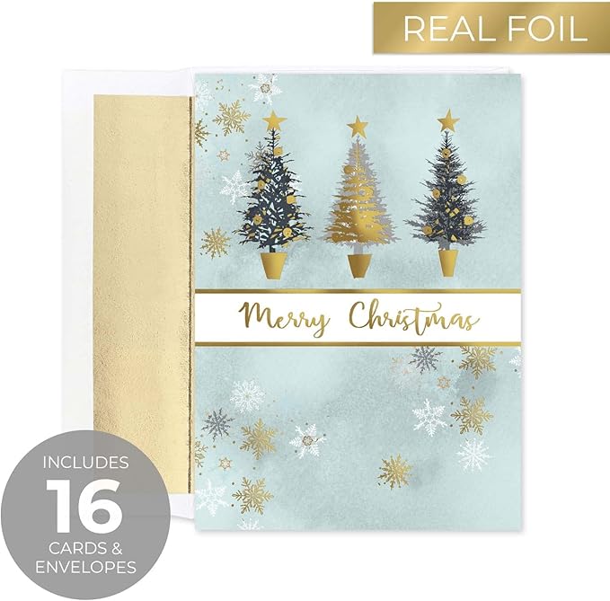 Masterpiece Christmas Tree Trio Gold Foil Holiday Cards / 16 Boxed Winter Holiday Cards With Gold Foil Lined Envelopes / 5 5/8" x 7 7/8" Folded Seasonal Greeting Cards With Inside Verse