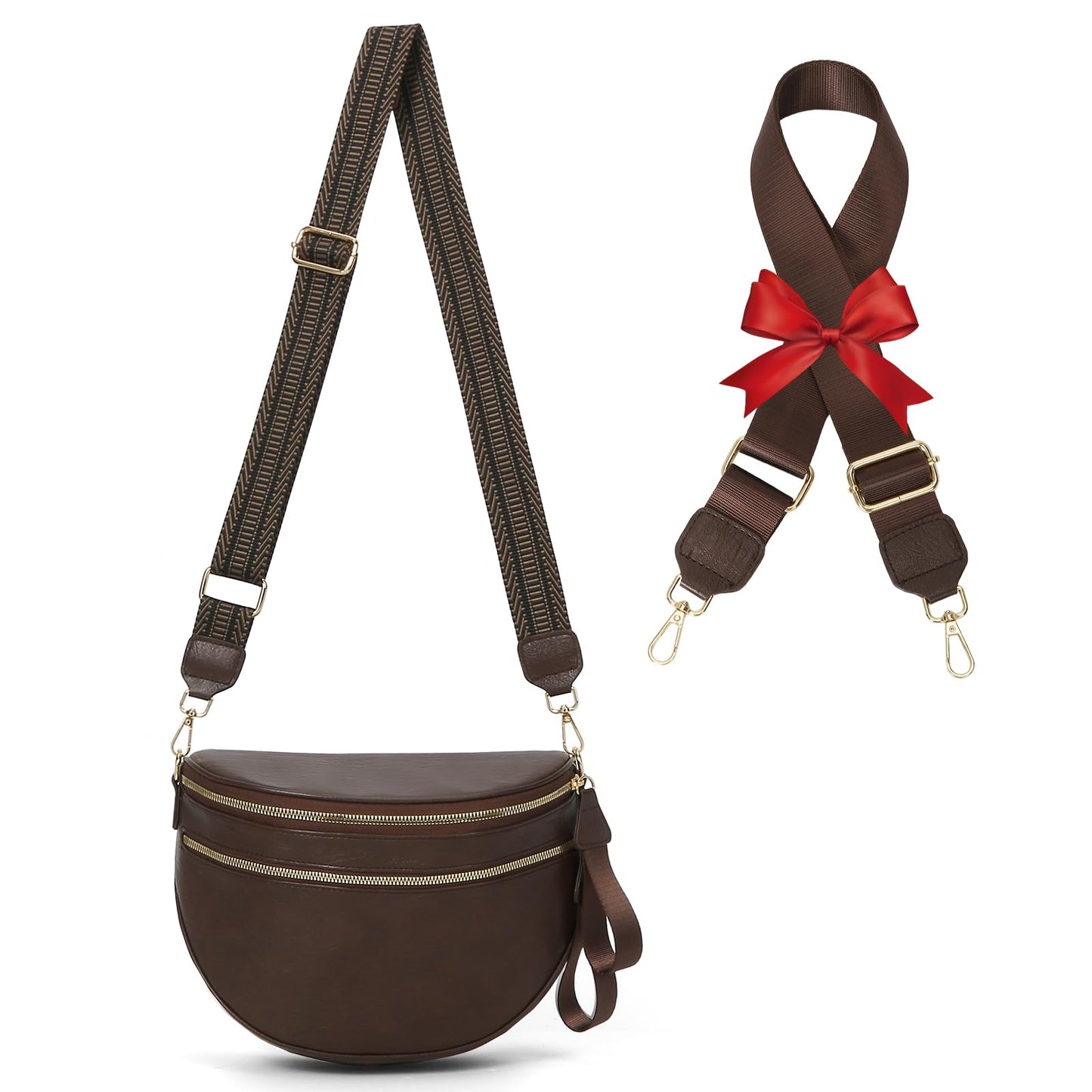 Leather Crossbody Fanny Pack Trendy Bum Bag Double Zip Multi Compartment with 2 Adjustable Straps Daily Belt Purse for Women