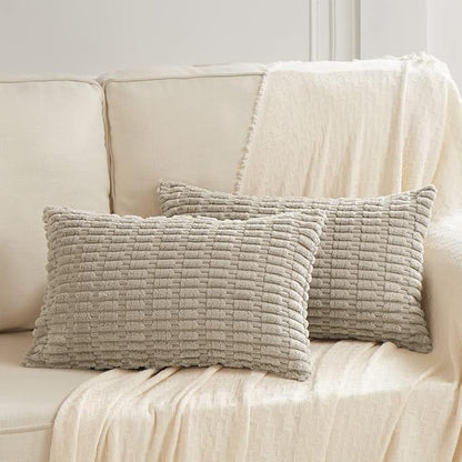 Fancy Homi Taupe Lumbar Decorative Throw Pillow Covers 12x24 Inch for Living Room Couch Bed Sofa, Rustic Farmhouse Boho Home Decor, Soft Striped Corduroy Rectangle Cushion Case 30x60 cm