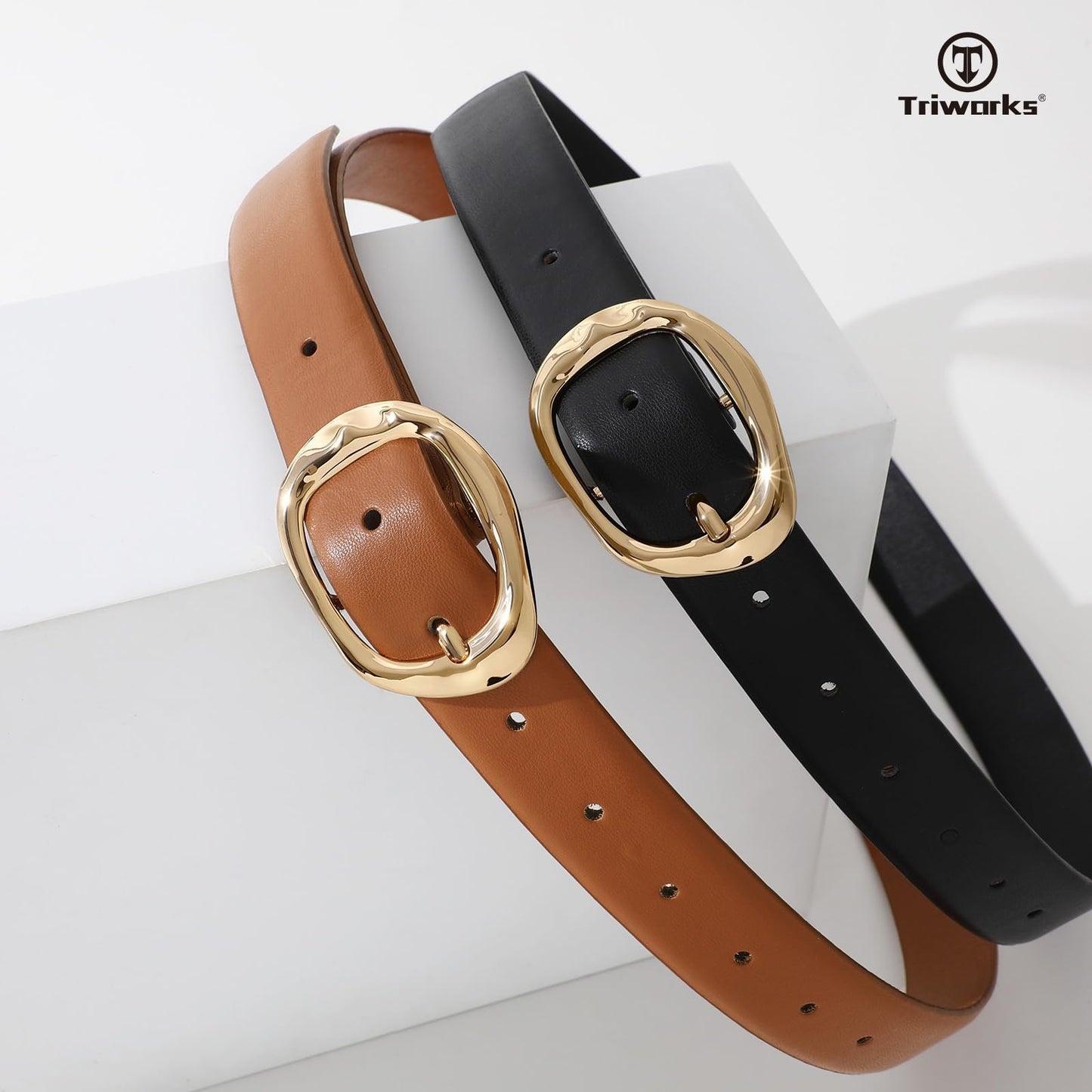 TRIWORKS 2 Pack Leather Belts for Women Fashion Waist Belt with Liquid Shapes Women Belt for Jeans Pants Dresses