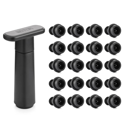 WOTOR Wine Saver Vacuum Pump with 20 Stoppers, Wine Stopper & Preserver, Reusable Bottle Sealer Keeps Fresh, Ideal Accessories Gift (Flat Handle)
