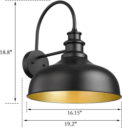 Bestshared Large Farmhouse Barn Lights 16 Inch Dome Outdoor Wall Lighting Fixture Industrial Gooseneck Sconces Exterior Mount Light, Black Outdoor Wall Lantern (1Pack, Black+ Gold)