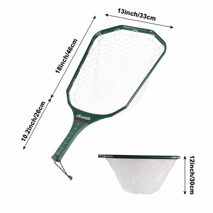 Aventik Floating Fly Fishing Net – Carbon Fiber Lightweight Landing Net with Clear Rubber Ghost Mesh for Trout – Catch and Release Friendly (Green with Standard Handle)