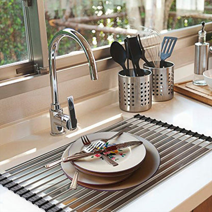 Ahyuan Roll up Dish Drying Rack Over The Sink Kitchen Roll up Sink Drying Rack Portable Dish Drainer Foldable Dish Drying Rack (Warm Gray, 17.8''X17'')