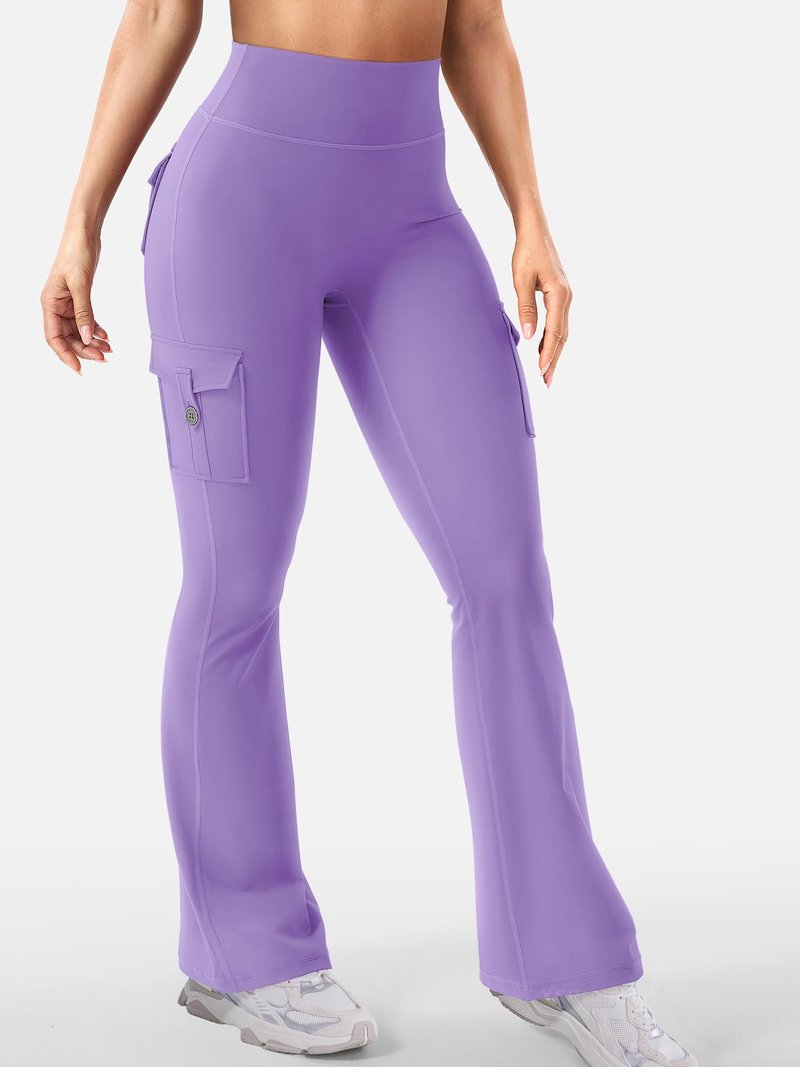 YEOREO CoreFlex Women Workout Flare Leggings with Pockets Hidden Scrunch High Waisted Cargo Gym Yoga No Front Seam Leggings Purple S