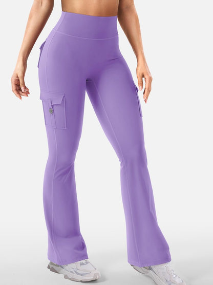 YEOREO CoreFlex Women Workout Flare Leggings with Pockets Hidden Scrunch High Waisted Cargo Gym Yoga No Front Seam Leggings Purple S