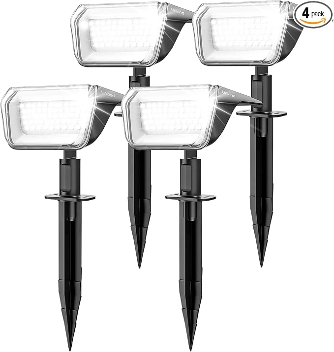 Linkind Solar Spot Lights Outdoor, 60 LEDs Solar Lights Outdoor Waterproof IP67 with 30% Conversion Rate, Ideal for Landscape, Garden, Yard, Pathway (4 Pack, Cool White)