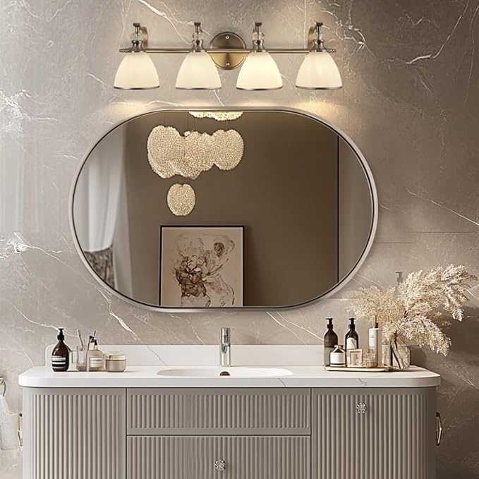 ANDY STAR Bathroom Light Fixtures Over Mirror, 4-Light Brushed Nickel Vanity Lights for Bathroom, 27.8 Inch Vintage Wall Sconce with Milk White Bell Glass Shades, Rustproof Silver Finish, E26 Base