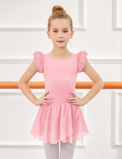 Arshiner Girls Ruffle Sleeve Ballet Dance Dress Tutu Skirted Leotard, 4-5 Years, Ballet Pink