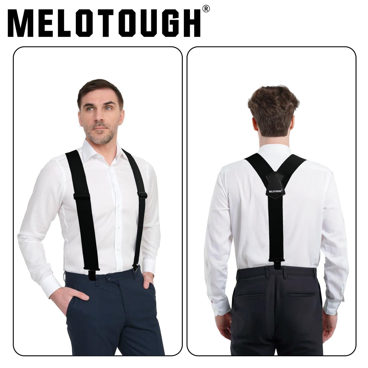 MELOTOUGH Black Y Back Suspenders for Men, 2 Inch Wide, Heavy Duty Clips, Work Suspenders for Women