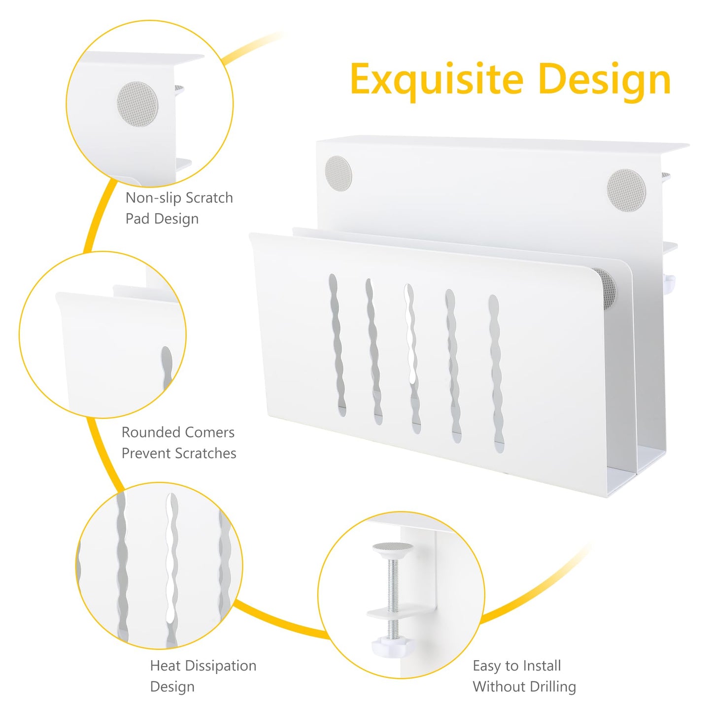 Desk Side Storage Under Desk Laptop Holder, No Drill Hanging Desk Organizer with Pen Holder, Clamp-On Table Side Tray Desktop Organization Mount for Office and Home (White)