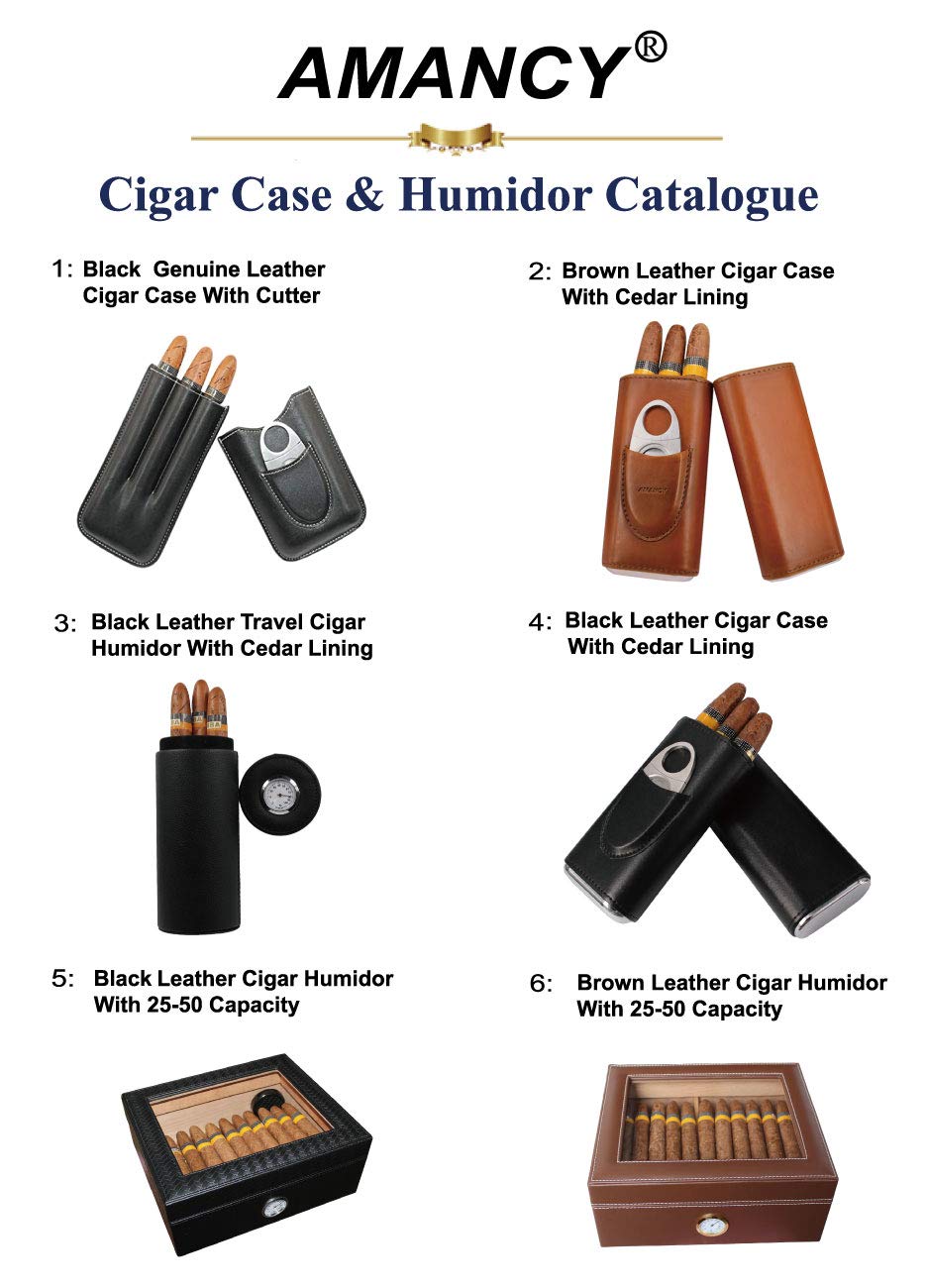 AMANCY Soft Leather Cigar Case - Travel Humidor Accessories with Cutter and Small Humidifier - 3-Finger Portable Cigar Carrying Case, Black