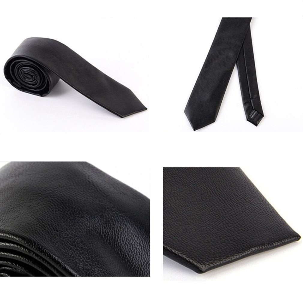 Men's Skinny Tie Handmade PU Leather Black Narrow Necktie
