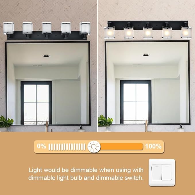 5-Lights Bathroom Light Fixtures, Matte Black Modern Vanity Lights with Rectangular Frosted Glass for Over Mirror Dressing Table, E26 Bulb Base