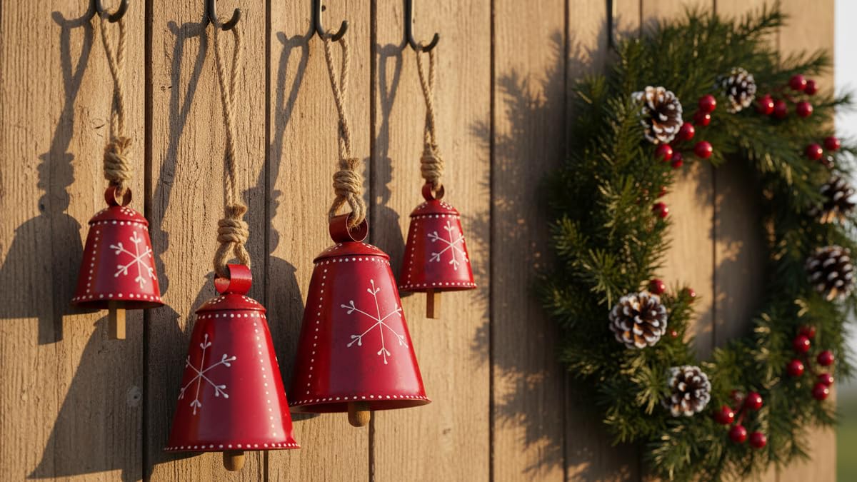 Christmas Bells Rustic Decor Christmas Big Ornaments Handcrafted Hanging Bell Home Decor Bells Set of 3 (Red)