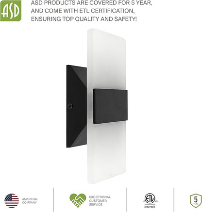 ASD 8 Inch LED Indoor Wall Sconce - Modern Interior 10W 120V 2700K-5000K Adjustable Dimmable Wall Mounted Light Fixtures, Acrylic Glass Wall Lights for Stairway, Hallway - ETL, Matte Black 2 Pack