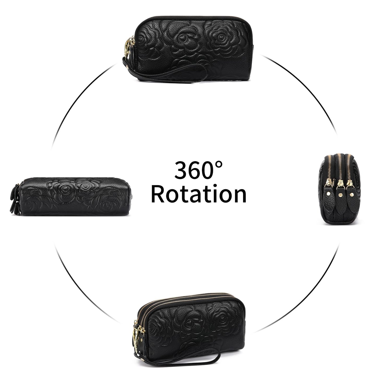 GOIACII Wristlet Wallets for Women Leather Womens Wallet Large Capacity Clutch Purse Handbags 3 Zippers with Strap Black
