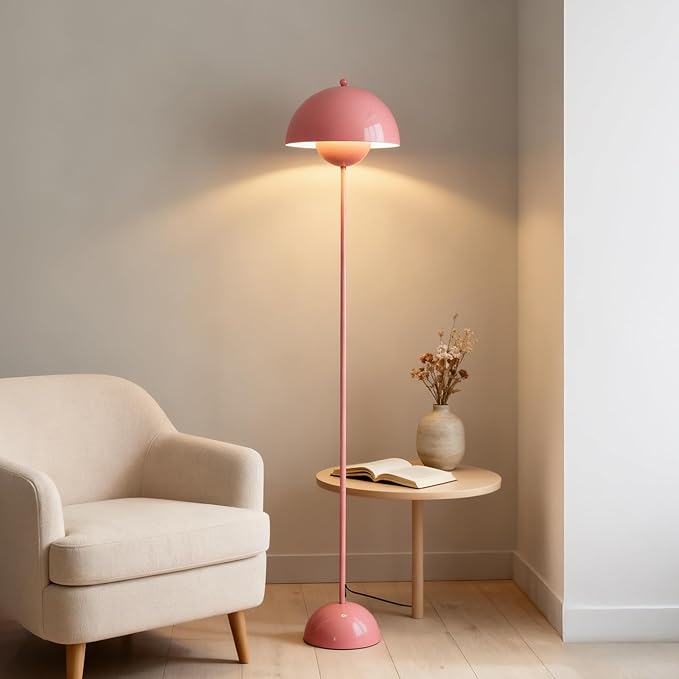 Modern Flowerpot LED Floor Lamp for Living Room, Vintage Metal Lampshade Spotlight Standing Lamp with Foot Switch, Retro E26 Base Round Floor Light Fixture for Bedroom, Office (Pink)
