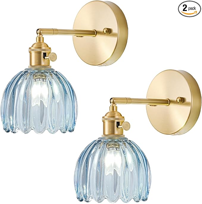 Wall Sconces Set of Two Hardwired, Vintage Sconce Light with Tulip Denim Blue Glass Lampshade, Bathroom Wall Lights with Switch, Gold Wall Light Sconces Wall Decor Set of 2
