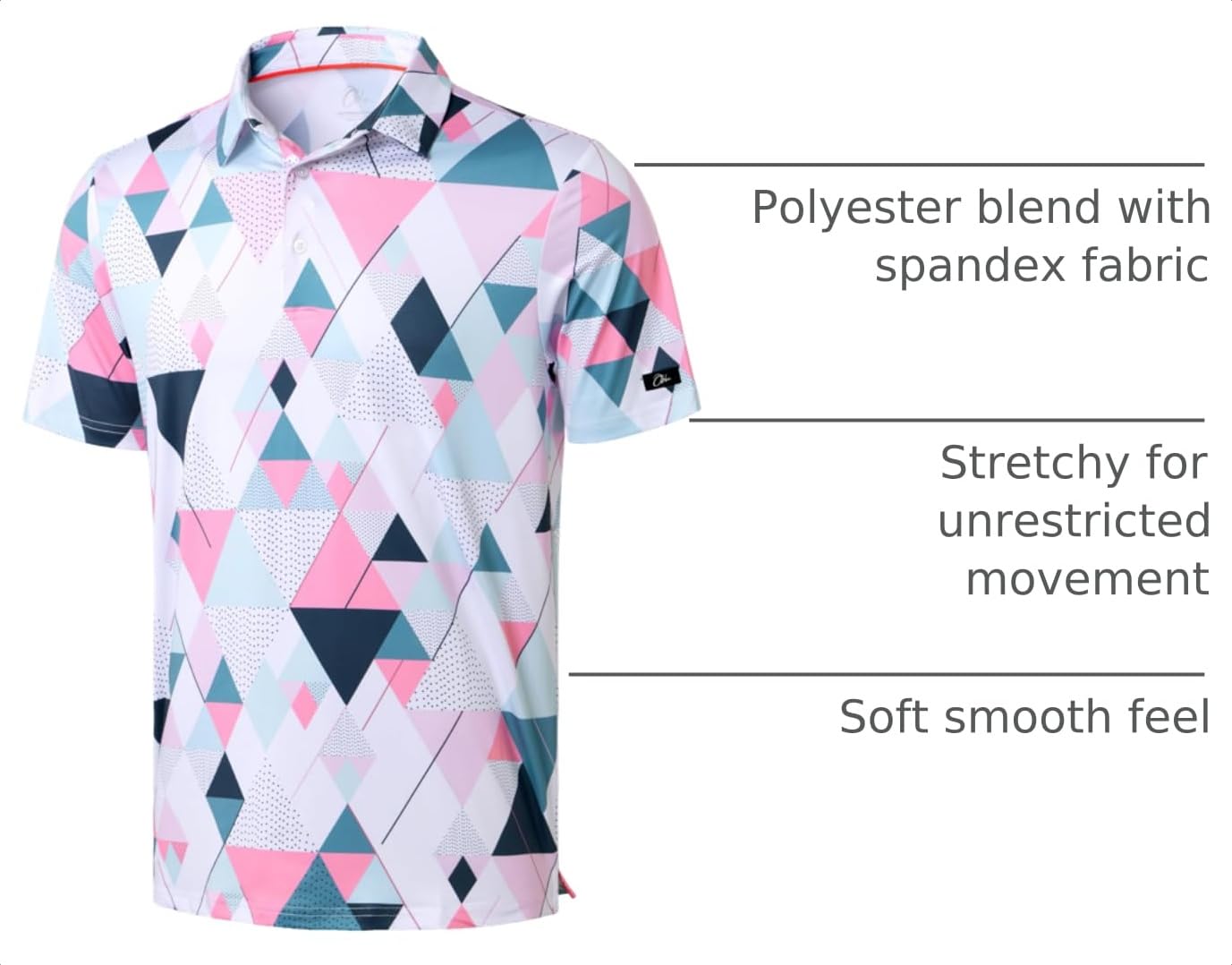 Obla Mens Golf Polo Shirts Short Sleeve Dry Fit Performance Moisture Wicking Casual Print Collared Golf Shirts for Men(White Pink Geometry_4XL)