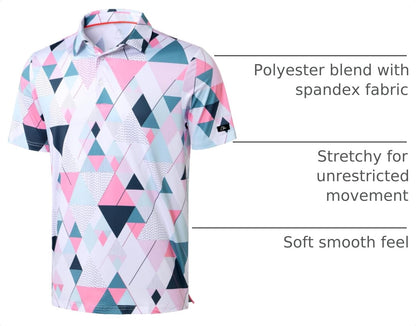 Obla Mens Golf Polo Shirts Short Sleeve Dry Fit Performance Moisture Wicking Casual Print Collared Golf Shirts for Men(White Pink Geometry_4XL)