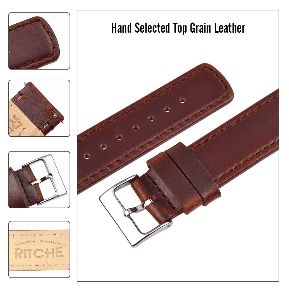 Ritche Leather Watch Strap with Quick Release Pins, 22mm Replacement Watch Band for Men and Women, Fits Smartwatches & Traditional Watches