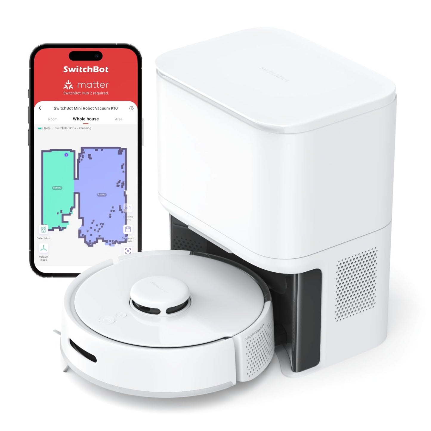 SwitchBot Mini Robot Vacuum K10+, Self-Emptying Base for 70 Days of Cleaning, LiDAR Navigation, Robot Vacuum and Mop Combo with Custom Cleaning, 48dB Ultra Quiet, 150Mins Max, Compatible with Alexa