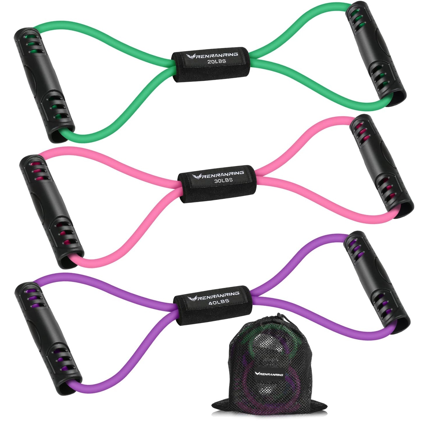 RENRANRING Figure 8 Fitness Resistance Bands with Handles - Exercise Tube Band Set of 3 for Arm and Shoulder Stretch, Rope 8 Word Elastic for Women and Men