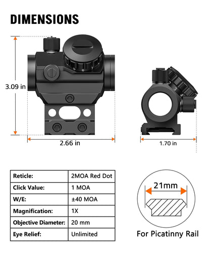 MidTen Motion Awake Red Dot Sight, 2 MOA Red Dot Optics, IPX7 Waterproof & Fogproof,1x20mm Compact Red Dot Scope for 21mm Picatinny Rail with Lower 1/3 Co-Witness Riser