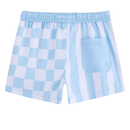 maamgic Boys Swim Trunks with Compression Liner Recycled Swim Shorts Anti-Chafe Boys Bathing Suit Stretch Toddler Beach Shorts Blue Plaid 5/6