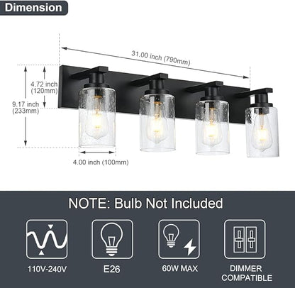 Bathroom Vanity Light Fixtures 4-Lights Seeded Glass Cylinder Shade Modern Farmhouse Wall Sconce Lighting Bath Vanity Lights Over Mirror