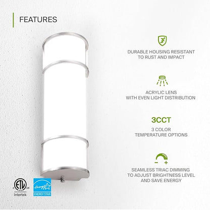 ASD LED 18" Vanity Flush Mount Light Fixture, Linear Bathroom Lighting Bar | 3CCT, Dimmable, Energy Star, ETL Listed | 20W 1650LM 3000-5000K 120V | Long Tube Bath Wall Sconce Over Mirror | Nickel
