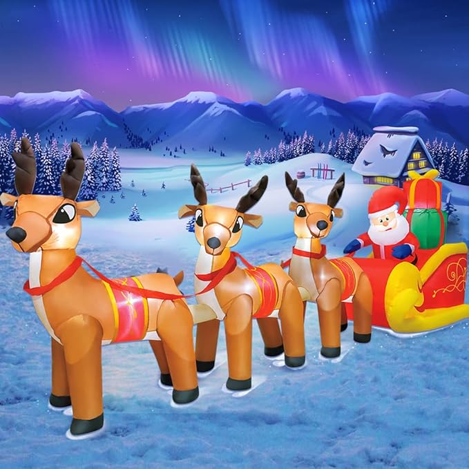 DomKom 12 FT Christmas Inflatable Outdoor Santa Claus on Sleigh with Three Reindeer, Building LED Lights, Blow Up Yard Decoration for Party Garden Lawn Winter Decor