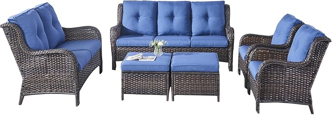 Rilyson Wicker Patio Furniture Set - 6 Piece Rattan Outdoor Sectional Conversation Sets with 2 Rocking Swivel Chairs,2 Ottomans,1 Sofa and 1 Loveseat for Porch Deck Garden(Brown/Blue)
