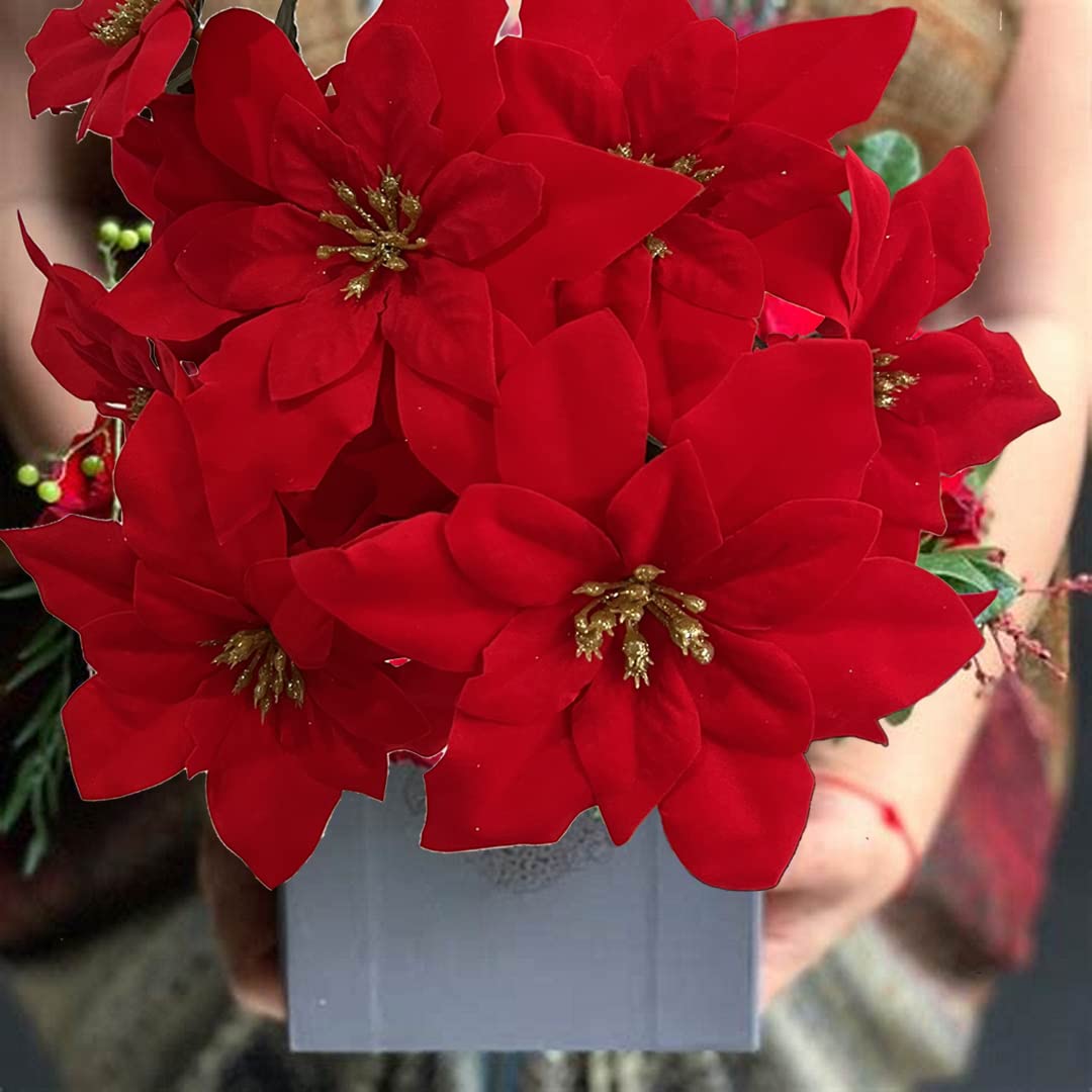 WISTART 8 Pack Christmas Artificial Poinsettia Flowers Velvet Plastic Floral Bouquet Small 7 Head Silk Red Shrub Fake Flowers Arrangement for Winter Indoor Outdoor Home Porch Xmas Holiday Decor