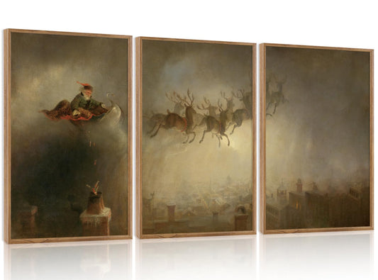 Aurlan Vintage Santa's Sleigh Rides Framed Wall Art(16"x24"), 3PCS Mid Century Modern Moody Black Christmas Eve Santa Claus with Reindeer Sleigh Canvas Artwork, Neutral Abstract Xmas Winter Holiday Gift Decor for Home Office Bedroom