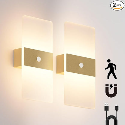2 Pack Motion Sensor Gold Wall Lights, Morden Cordless Battery Operated LED Wall Lantern, Warm Light Wireless Decorative Gold Wall Sconces for Bedroom Living Room Hallway Garden Garage