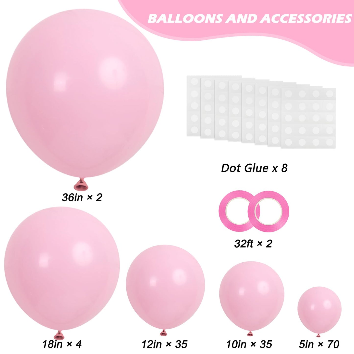 rubfac Pastel Pink Balloons, 146pcs Different Sizes Pack of 36 18 12 10 5 Inch for Balloon Garland Arch as Valentine's Day Graduation Wedding Birthday Baby Shower Anniversary Party Decorations