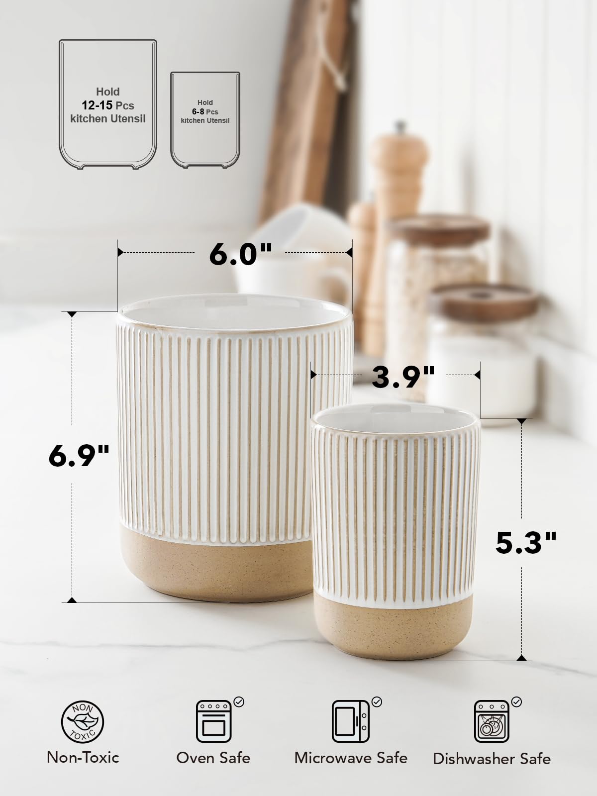 LE TAUCI Ceramic Kitchen Utensil Holder Set of 2 - 6.9"+5.3" Large Cooking Utensil Crock & Organizer for Spatula, Spoon, Whisk - Farmhouse Countertop Storage, Cream Beige, Line