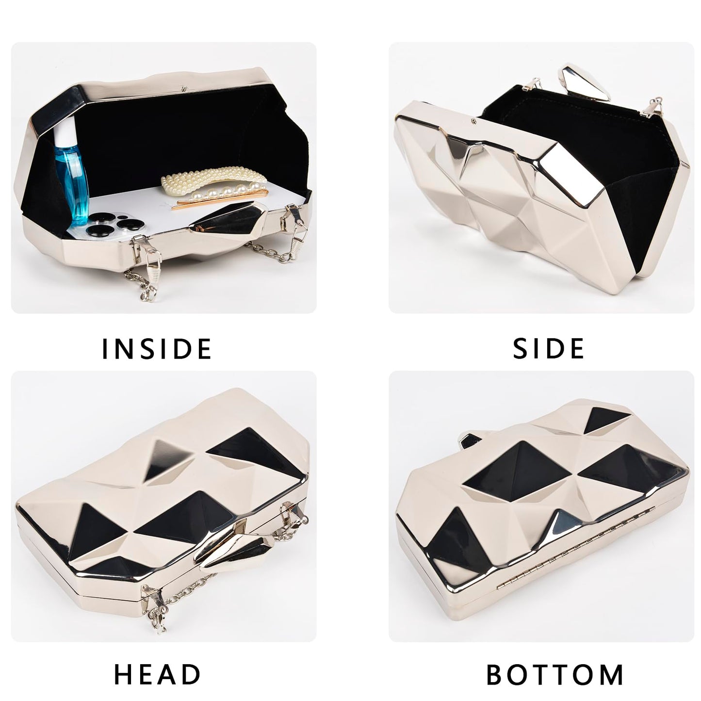 Women's Silvery Lattice Clutch Purses - Geometric Lattice Metal Evening Bag Golden Stone Cut Purse