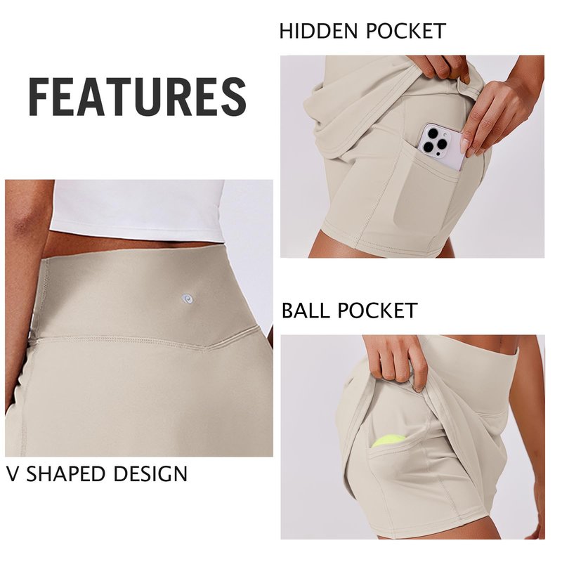 PINSPARK Tennis Skirts for Women Tummy Control Golf Skorts A Line Athletic Skirts with Shorts 2 Pockets, Bone White XL