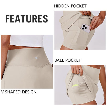 PINSPARK Tennis Skirts for Women Tummy Control Golf Skorts A Line Athletic Skirts with Shorts 2 Pockets, Bone White XXL