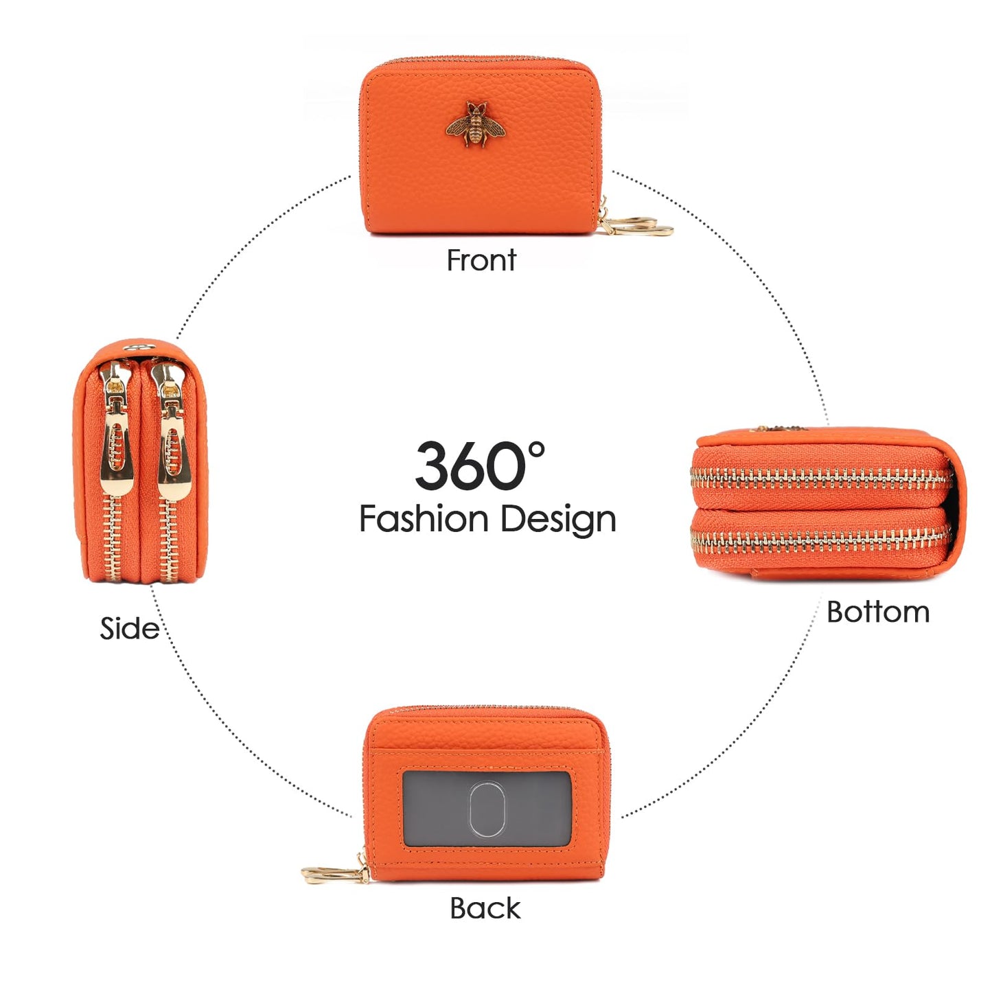 imeetu RFID Credit Card Holder, Small Leather Double Zipper Card Case Wallet for Women (Max,Orange)