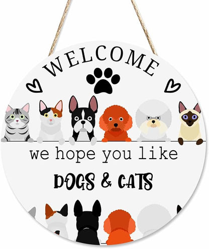 Welcome Front Door Sign Decor We Hope You Like Dogs & Cats 12in Wooden Hanging Plaque Sign for Porch Yard