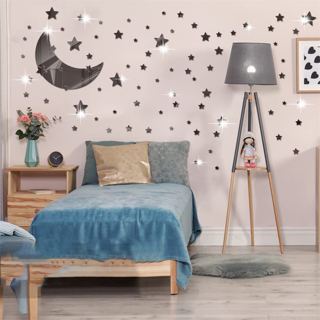 Moon Star Mirror Wall Stickers, 146 PCS Stars & Crescent Moon, 3D Art Decals for Baby Kid Bedroom & Living Room (Black)