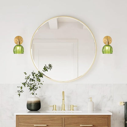 Hardwired Wall Sconce Light, Vintage Wall Sconce with Switch, Gold Wall Light Fixture with Tulip Green Glass Lampshade, Indoor Wall Light for Bedroom Bathroom, Bedside Wall Lamp