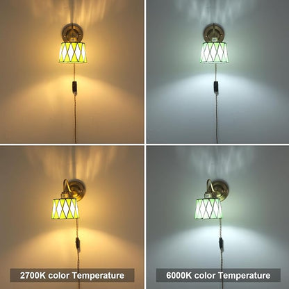 Plug in Wall Sconces Set of 2, Vintage Wall Lamps with Green Checker Sconce, Stained Glass Shade Gold Lights Fixture Decor for Bedroom Bathroom Living Room Hallway