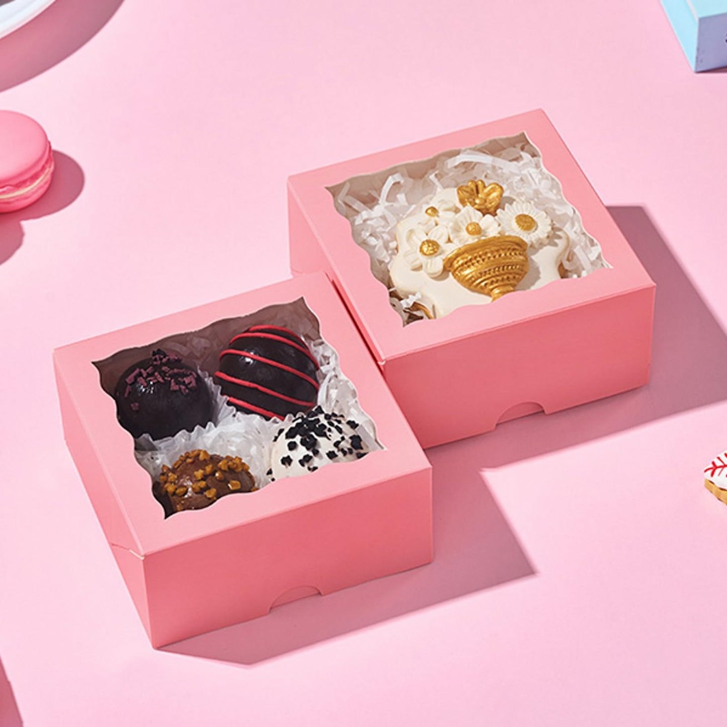 JCXGRVC 50PCS 4x4x2 Inches Pink Bakery Boxes with Clear Window Ideal for Packaging Cookie, Strawberry, Macaron, Ores, Chocolate Truffles, Donut, Pie Treat Boxes for Party Wedding Valentine's Birthday