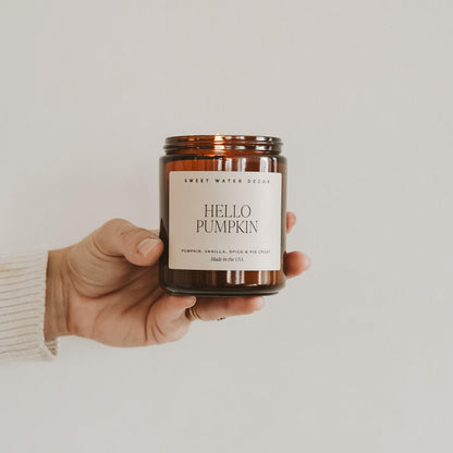 Sweet Water Decor Hello Pumpkin Candle - Fall Soy Candles with Pumpkin, Warm Spices, Vanilla and Buttery Pie Crust - Pumpkin Candles for Home with 40 Hours Burn Time - 9Oz Black Lid Amber Jar Candle